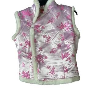 Vintage Pink Satin Chinese-Inspired Vest Faux Fur Satin Pink